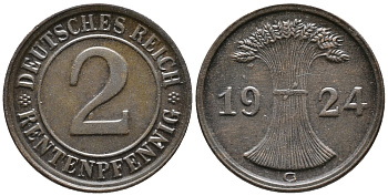 ГЕРМАНИЯ 2 РЕНТЕНПФЕННИГА 1924 G KM 31, J. 307 бронза 24-653