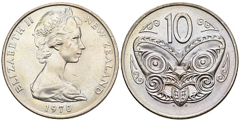 Новая Зеландия 10 центов 1970 Елизавета II (1952-2022), маска маори KM 41.1 медно-никель  UNC  4182-1111