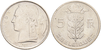 БЕЛЬГИЯ 5 ФРАНКОВ 1975 BELGIQUE KM 134.1 медно-никель 4556-552