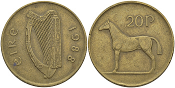 ИРЛАНДИЯ 20 ПЕНСОВ 1988 ЛОШАДЬ KM 25 никель бронза 97-1011