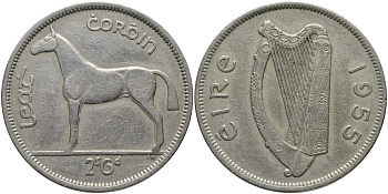 ИРЛАНДИЯ 1/2 КРОНЫ - 2 ШИЛЛИНГА 6 ПЕНСОВ 1955 ЛОШАДЬ KM 16а медно-никель 3457-244