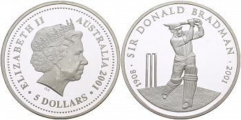Австралия 5 долларов 2001 крикет, сэр Дональд Брэдман KM 761 серебро PROOF 11-168-41
