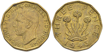 Великобритания 3 пенса 1943 Георг VI (1936-1952) KM 849, Spink 4112 никель латунь 175-616