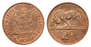 ЮАР 2 цента 1974 герб, антилопа гну KM 83 бронза 4114-636
