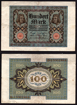 Германия 100 марок 1933 Веймар,8 цифр в номере, J, «Бамбергский всадник» из оперы «Купол Бамберга». Pick 69 b бумага 6289-27-2-2