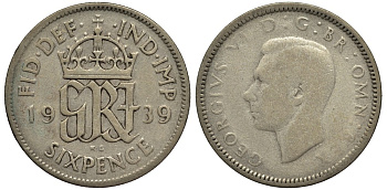 Великобритания 6 пенсов 1939 Георг VI (1936-1952) KM 852, Spink 4084 серебро 4538-435