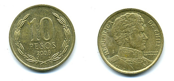 ЧИЛИ 10 ПЕСО 2008 ГЕНЕРАЛ БЕРНАРДО О ХИГГИНС KM 228.2 никель-бронза 37-732