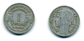 ФРАНЦИЯ 1 ФРАНК 1949 В, ТИП MORLON, LEGERE KM 885a 2, LE FRANC 221.16 алюминий 84-514