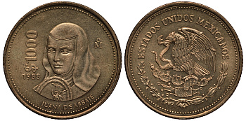 Мексика 1000 песо 1989 Мо, Хуана де Асбахе KM 536 алюминиевая бронза XF-UNC 118-832