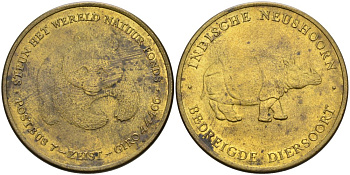 Европа жетон ND серияЗАЩИТА ОКРУЖАЮЩЕЙ СРЕДЫ, БЕЛЫЙ НОСОРОГ, ПАНДА, диаметр 30 мм. жёлтый металл 4572-813