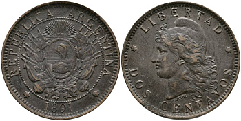 Аргентина 2 сентаво 1891 голова свободы влево KM 8 бронза 4531-1112