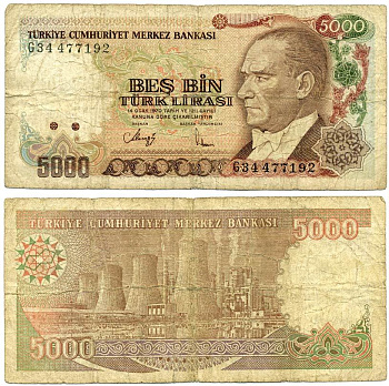 ТУРЦИЯ 5000 ЛИР 1990 ПРЕЗИДЕНТ КЕМАЛЬ АТАТЮРК Pick 198 бумага 8592-14-4-1