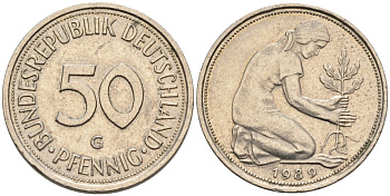 ФРГ 50 пфеннигов 1989 G, посади свое дерево КМ 109.2, J. 384a медно-никель 4573-136