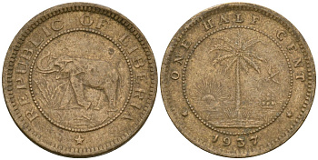Либерия 1/2 цента 1937 KM 10 латунь 4174-337