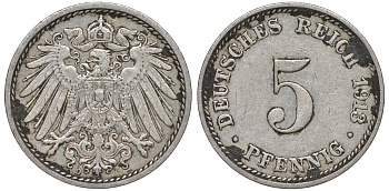 ГЕРМАНИЯ 5 ПФЕННИГОВ 1913 D, KM 11, J. 12 медно-никель 45-1136