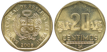 Перу 20 сентимо 2008 KM 306.4 латунь aUNC 4605-533