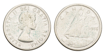 Канада 10 центов 1956 Елизавета II (1952-2022), парусник KM 51 серебро 4639-565