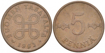 ФИНЛЯНДИЯ 5 ПЕННИ 1963 ПЕРВЫЙ ГОД KM 45 медь 3718-118