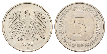 ФРГ 5 марок 1975 G КМ 140.1, J. 415 медно-никель плакированный никелем UNC 4653-1142