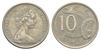 Австралия 10 центов 1966 Елизавета II (1952-2022), птица лирахвост KM 65 медно-никель 4364-3112
