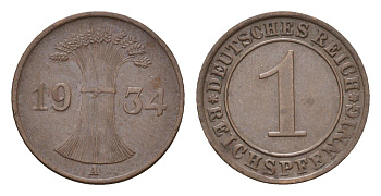 Германия 1 рейхспфенниг 1934 A KM 37, J. 313 бронза 4685-419