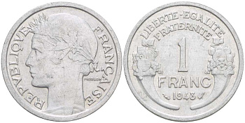 ФРАНЦИЯ 1 ФРАНК 1948 ТИП MORLON, LEGERE KM 885a.1, LE FRANC 221.13 алюминий 4519-832