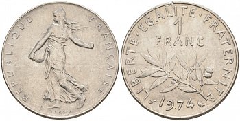 ФРАНЦИЯ 1 ФРАНК 1974 СЕЯТЕЛЬ KM 925.1 никель 186-344