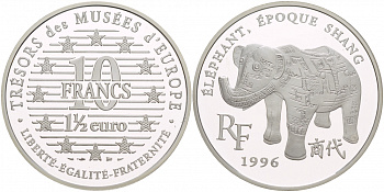 Франция 10 франков = 1 1/2 евро 1996 серия сокровища музеев Европы, слон династии Шан KM 1123 серебро PROOF 1088-8-43