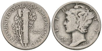 США 10 центов (дайм) 1939 KM 140 серебро 3334-1234