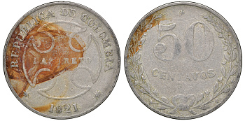 Колумбия 50 сентаво 1921 государственный лепрозорий KM L13 медно-никель 53-941