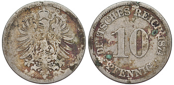 ГЕРМАНИЯ 10 ПФЕННИГОВ 1874 A, СТАРОГЕРБОВКА, KM 4, J. 4 медно-никель 45-1222