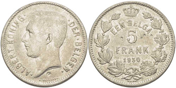БЕЛЬГИЯ 5 ФРАНКОВ 1930 АЛЬБЕРТ I, DER BELGEN KM 98 никель 3851-316