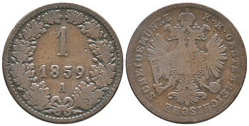 Австрия 1 крейцер 1859 A, Франц Иосиф I (1848-1916) KM 2186 медь 100-932