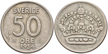 Швеция 50 эре 1954 TS, Густав VI Адольф (1950-1973) KM 825 серебро 4148-927
