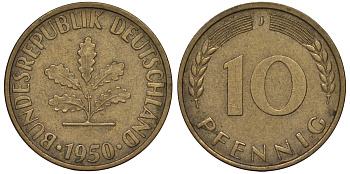ФРГ 10 пфеннигов 1950 J KM 108, J 383 сталь плакированная латунью 25-1743