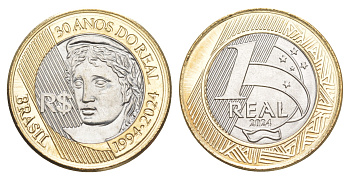 Бразилия 1 реал 2024 30 лет реалу BR-001481 биметалл  UNC  M36-21