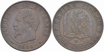 Франция 5 сантимов 1854 BB, Наполеон III (1852-1870) KM 777.3, LE FRANC 116.10 бронза 108-246