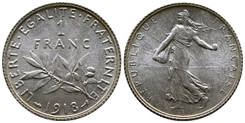 Франция 1 франк 1918 сеятель KM 844.1, Le Franc 217.24 серебро UNC 259-724