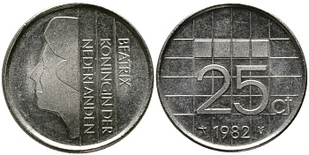 Нидерланды 25 центов 1982 Беатрикс (1980-2013) KM 204 никель 46-1761