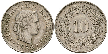Швейцария 10 раппенов 1959 B KM 27 медно-никель 4189-354