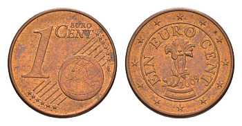 Австрия 1 евроцент 2009 KM 3082 сталь плакированная медью aUNC 4630-444