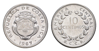Коста-Рика 10 сентимо 1967 KM 185.1a нержавеющая сталь UNC 4644-336