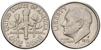 США 10 центов (дайм) 1993 P, президент Рузвельт KM 195a медь плакированная медно-никелем UNC 218-152
