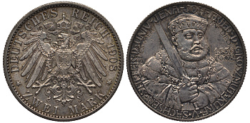 Саксен-Веймар-Эйзенах 2 марки 1908 А, 350 лет университету в Йене Weege 156, J.160, KM 174 серебро 00-817-06