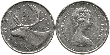 КАНАДА 25 ЦЕНТОВ 1979 ЕЛИЗАВЕТА II (1952-), ОЛЕНЬ, ВТОРОЙ ПОРТРЕТ В КОРОНЕ KM 74 никель 4543-743