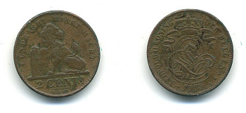 БЕЛЬГИЯ 2 САНТИМА 1905 BELGEN KM 36 медь 84-226