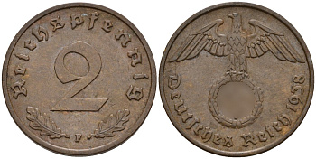 Германия 2 рейхспфеннига 1938 F KM 90, J. 362 бронза 4151-116