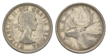 Канада 25 центов 1955 Елизавета II (1952-2022), олень KM 52 серебро 4622-825
