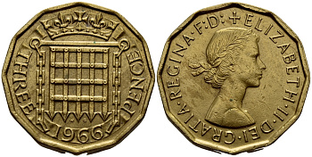 Великобритания 3 пенса 1966 Елизавета II (1952-2022) KM 900, Spink 4153 никель латунь 37-1232