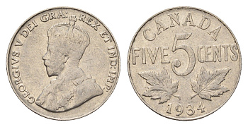 Канада 5 центов 1934 Георг V (1910-1936) KM 29 никель 4679-656
